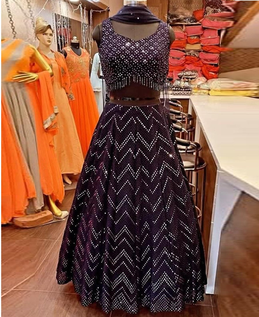 RE - Dark Wine Colored Sequence Embroidery Work Lehenga Choli