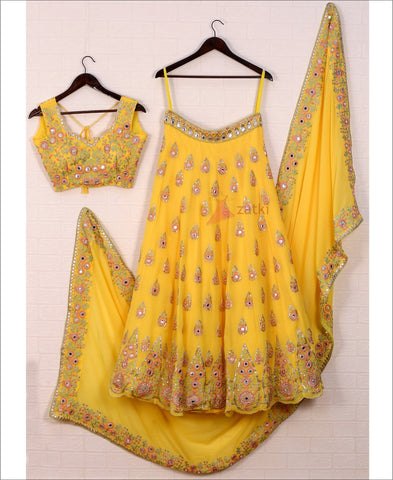 Yellow Georgette Mirror Embroidery Work Lehenga Choli