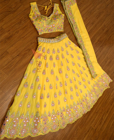 Yellow Georgette Mirror Embroidery Work Lehenga Choli